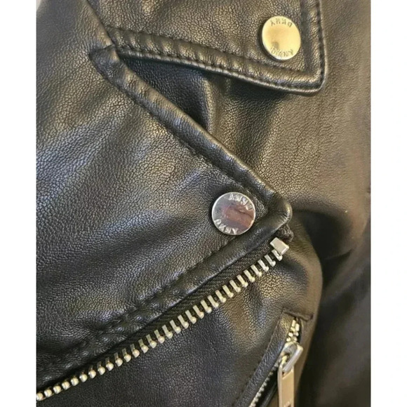DKNY Asymmetrical Moto Black Leather Jacket  Accent Zippers Snap Detail Small - Picture 2 of 7